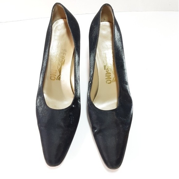 Salvatore Ferragamo Vintage Satin Pumps Chunky Kitten Heels Elegant Chic 7B - Picture 8 of 16